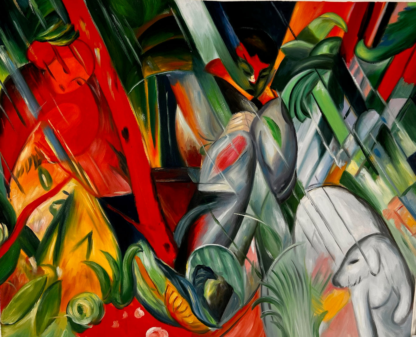 Bajo la lluvia (según Franz Marc) – Óleo sobre lienzo expresionista pintado a mano (64 × 80 cm, entregado enrollado)