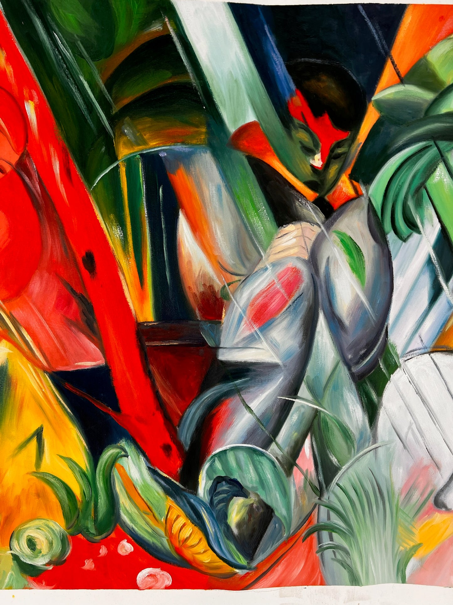 Bajo la lluvia (según Franz Marc) – Óleo sobre lienzo expresionista pintado a mano (64 × 80 cm, entregado enrollado)