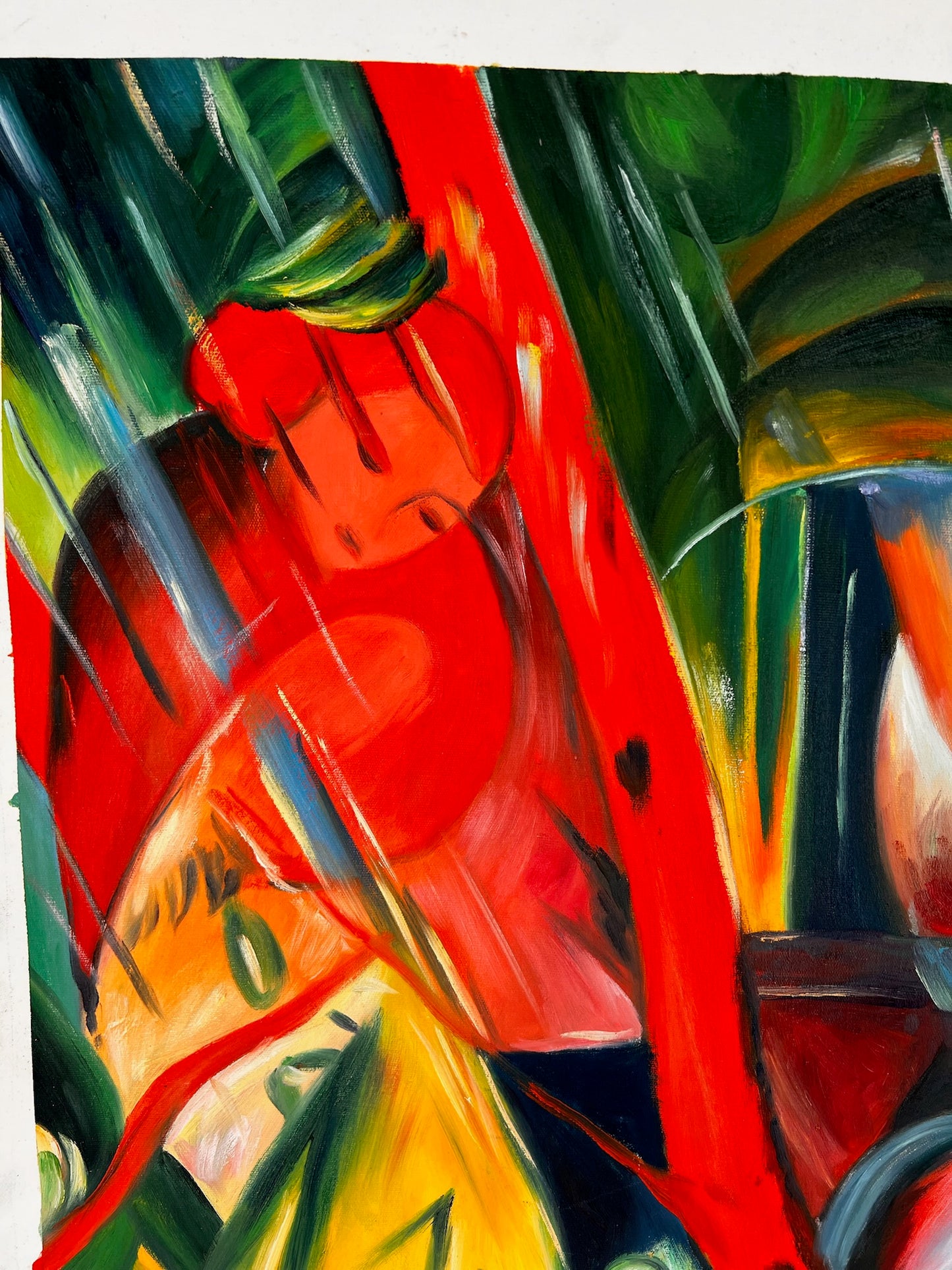 Bajo la lluvia (según Franz Marc) – Óleo sobre lienzo expresionista pintado a mano (64 × 80 cm, entregado enrollado)