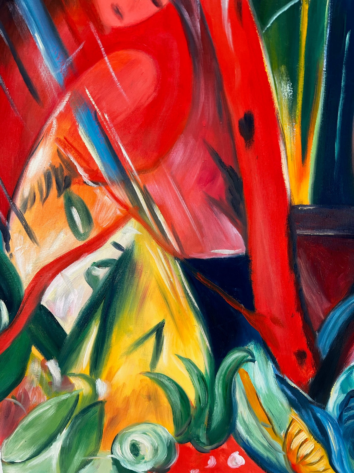 Bajo la lluvia (según Franz Marc) – Óleo sobre lienzo expresionista pintado a mano (64 × 80 cm, entregado enrollado)