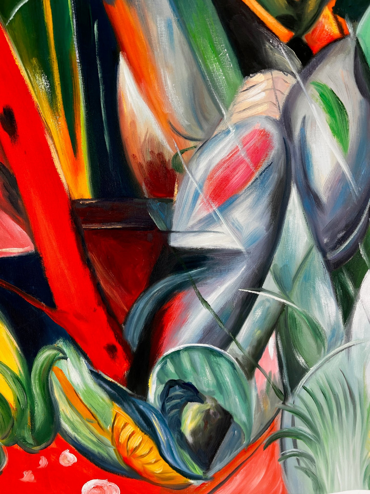 Bajo la lluvia (según Franz Marc) – Óleo sobre lienzo expresionista pintado a mano (64 × 80 cm, entregado enrollado)