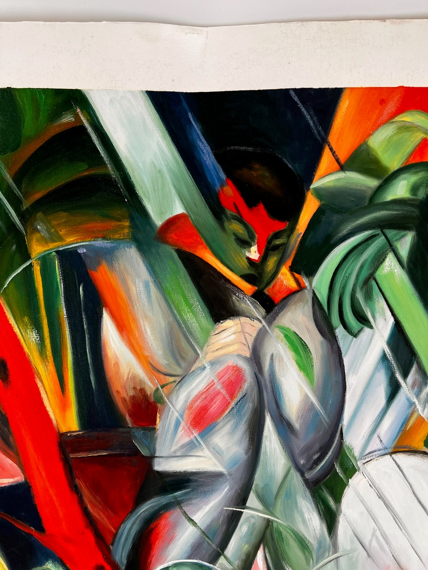 Bajo la lluvia (según Franz Marc) – Óleo sobre lienzo expresionista pintado a mano (64 × 80 cm, entregado enrollado)