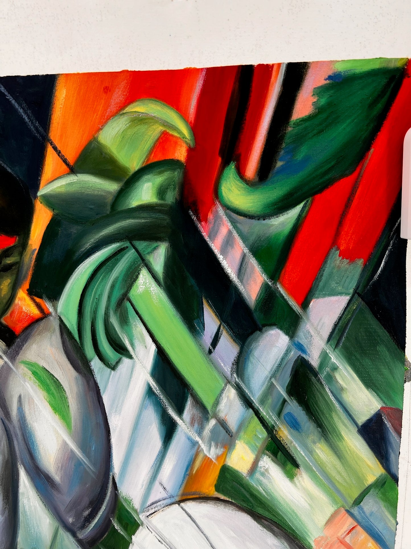 Bajo la lluvia (según Franz Marc) – Óleo sobre lienzo expresionista pintado a mano (64 × 80 cm, entregado enrollado)