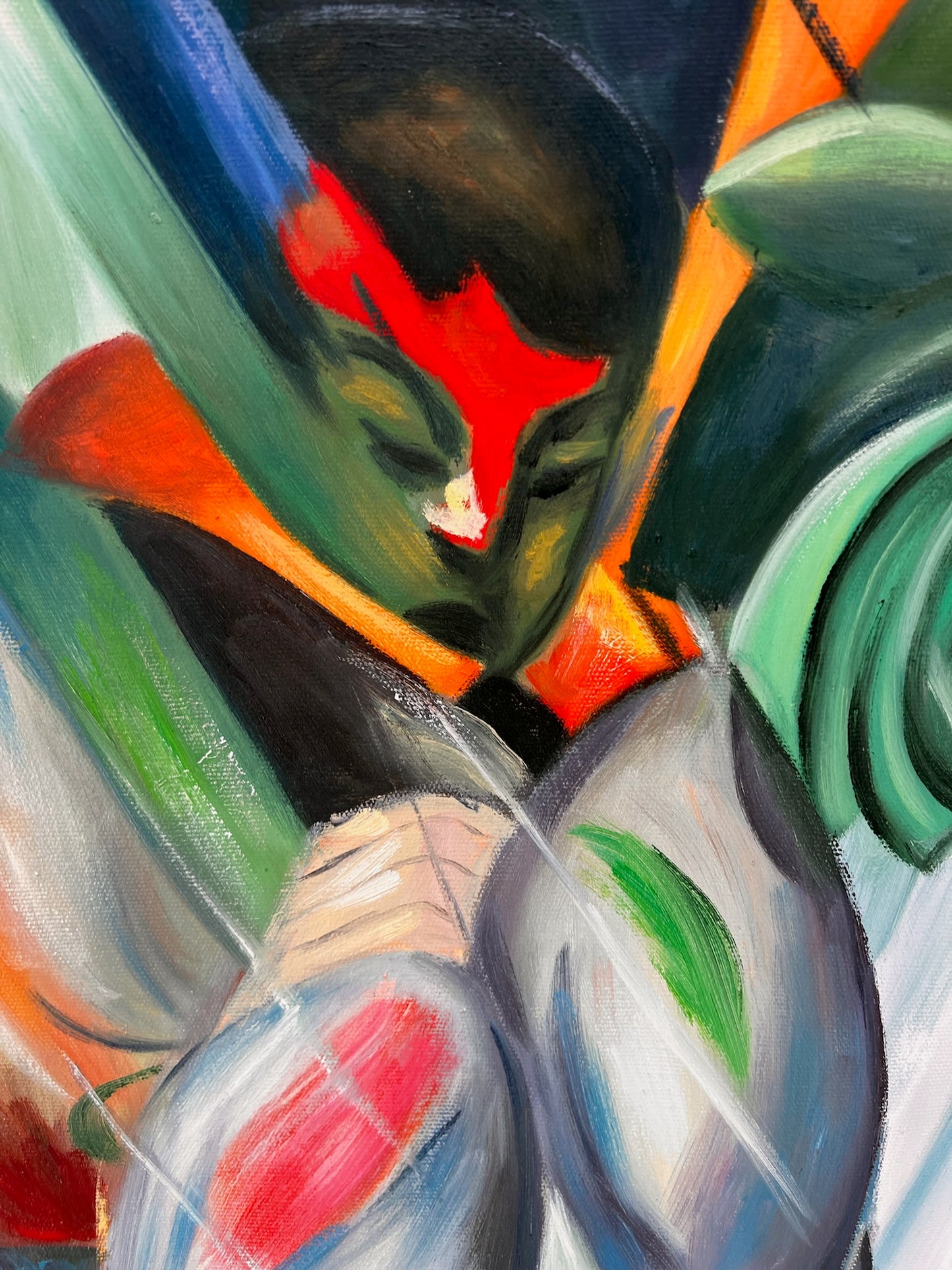Bajo la lluvia (según Franz Marc) – Óleo sobre lienzo expresionista pintado a mano (64 × 80 cm, entregado enrollado)