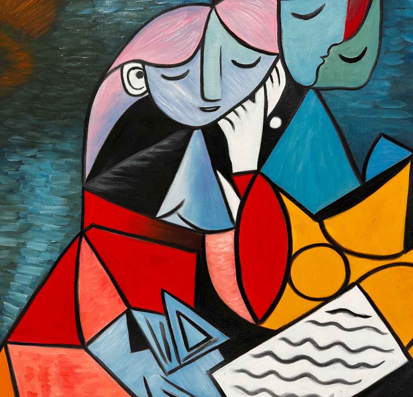 La Lecture – Pintura al óleo cubista pintada a mano sobre lienzo (64 × 80 cm)