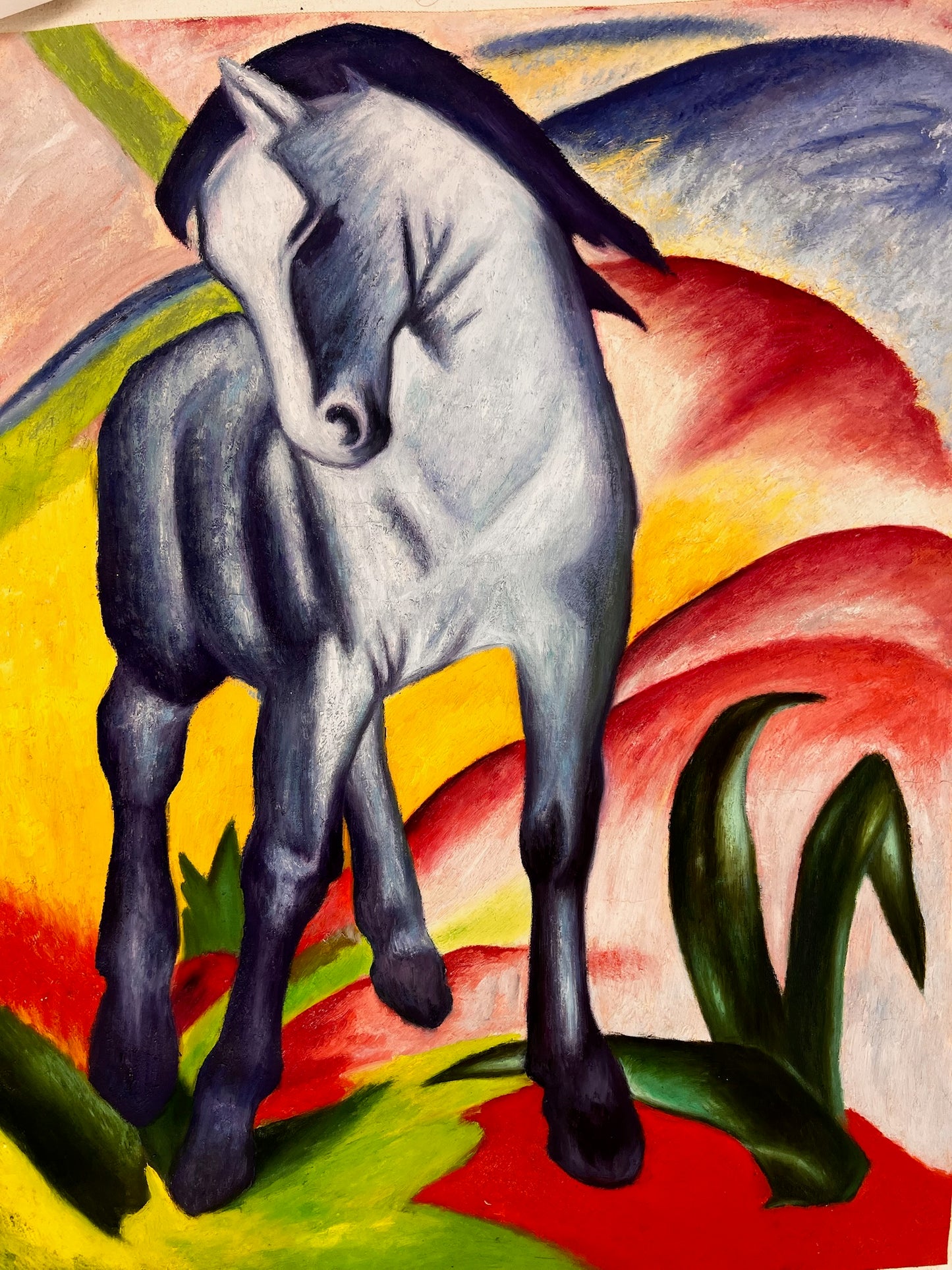 Caballo Azul I – Pintura al óleo expresionista pintada a mano sobre lienzo (64 × 80 cm)