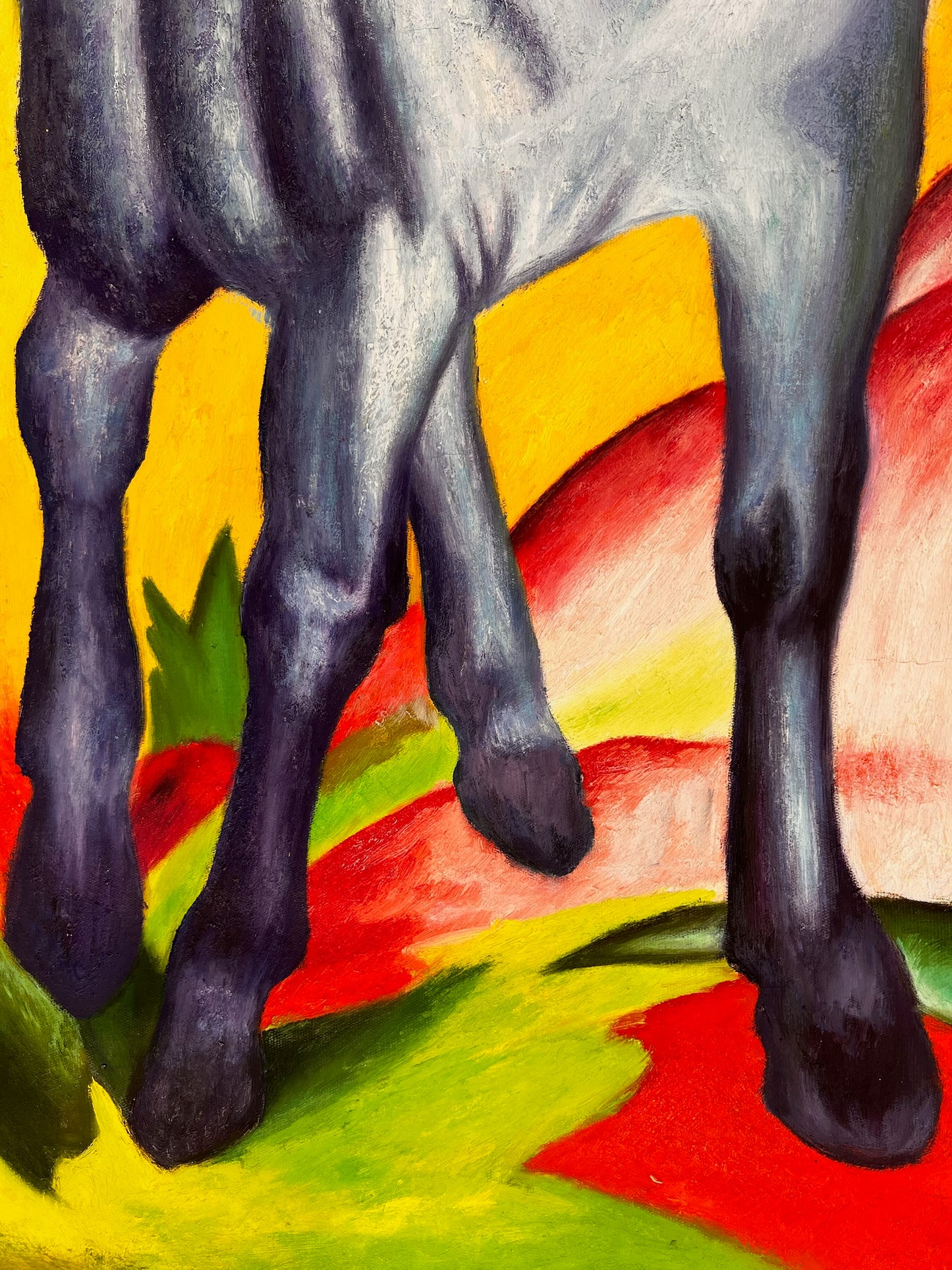 Caballo Azul I – Pintura al óleo expresionista pintada a mano sobre lienzo (64 × 80 cm)