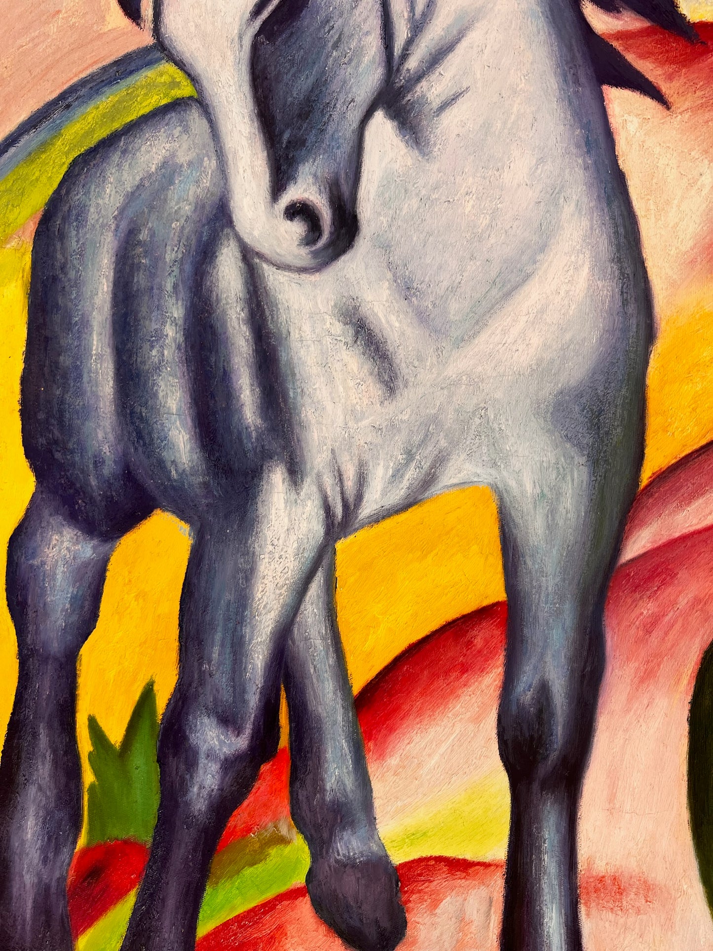 Caballo Azul I – Pintura al óleo expresionista pintada a mano sobre lienzo (64 × 80 cm)