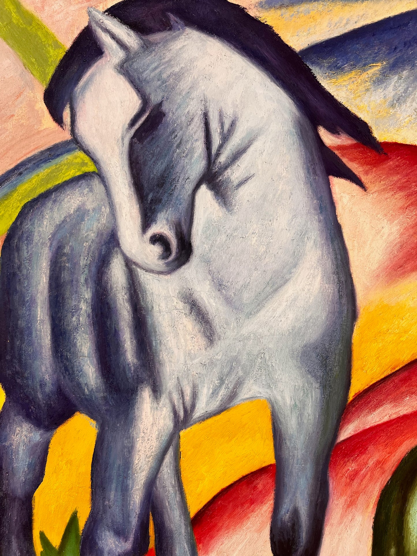 Caballo Azul I – Pintura al óleo expresionista pintada a mano sobre lienzo (64 × 80 cm)