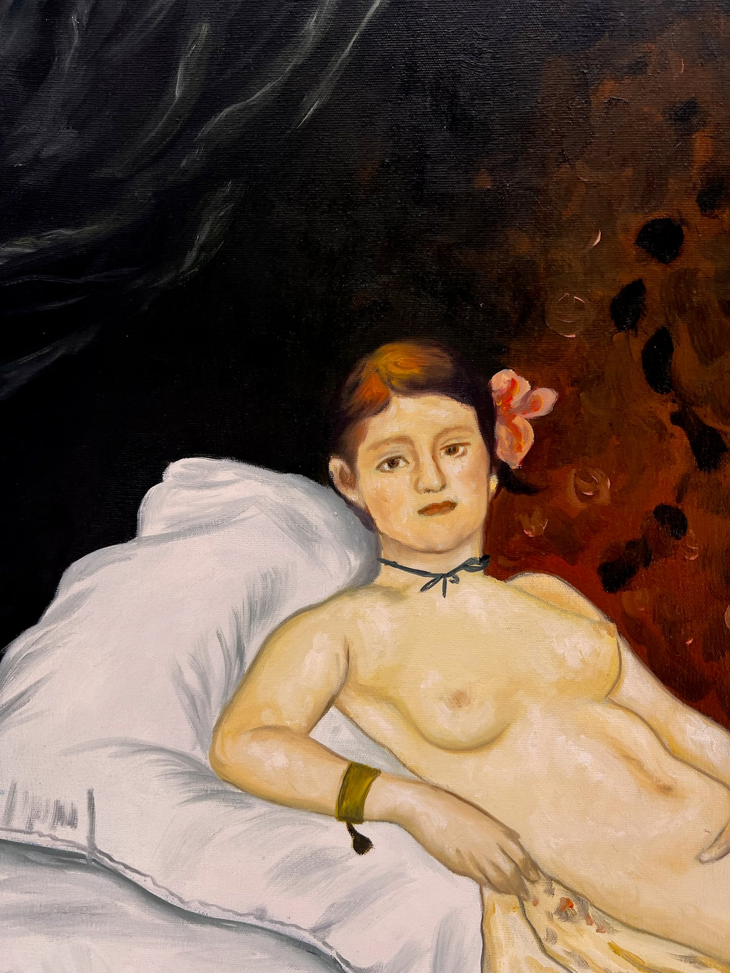 Olympia – Pintura al óleo realista pintada a mano sobre lienzo (64 × 80 cm)