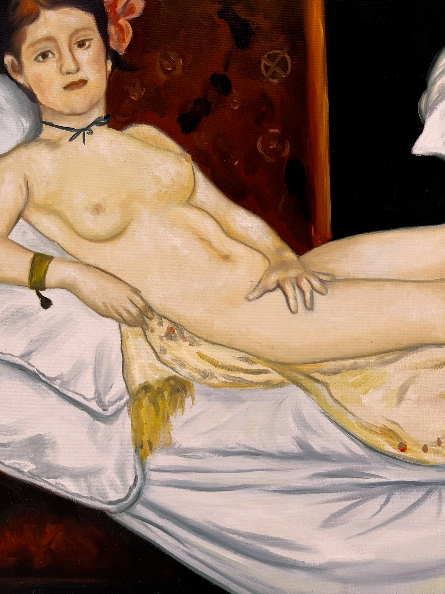 Olympia – Pintura al óleo realista pintada a mano sobre lienzo (64 × 80 cm)