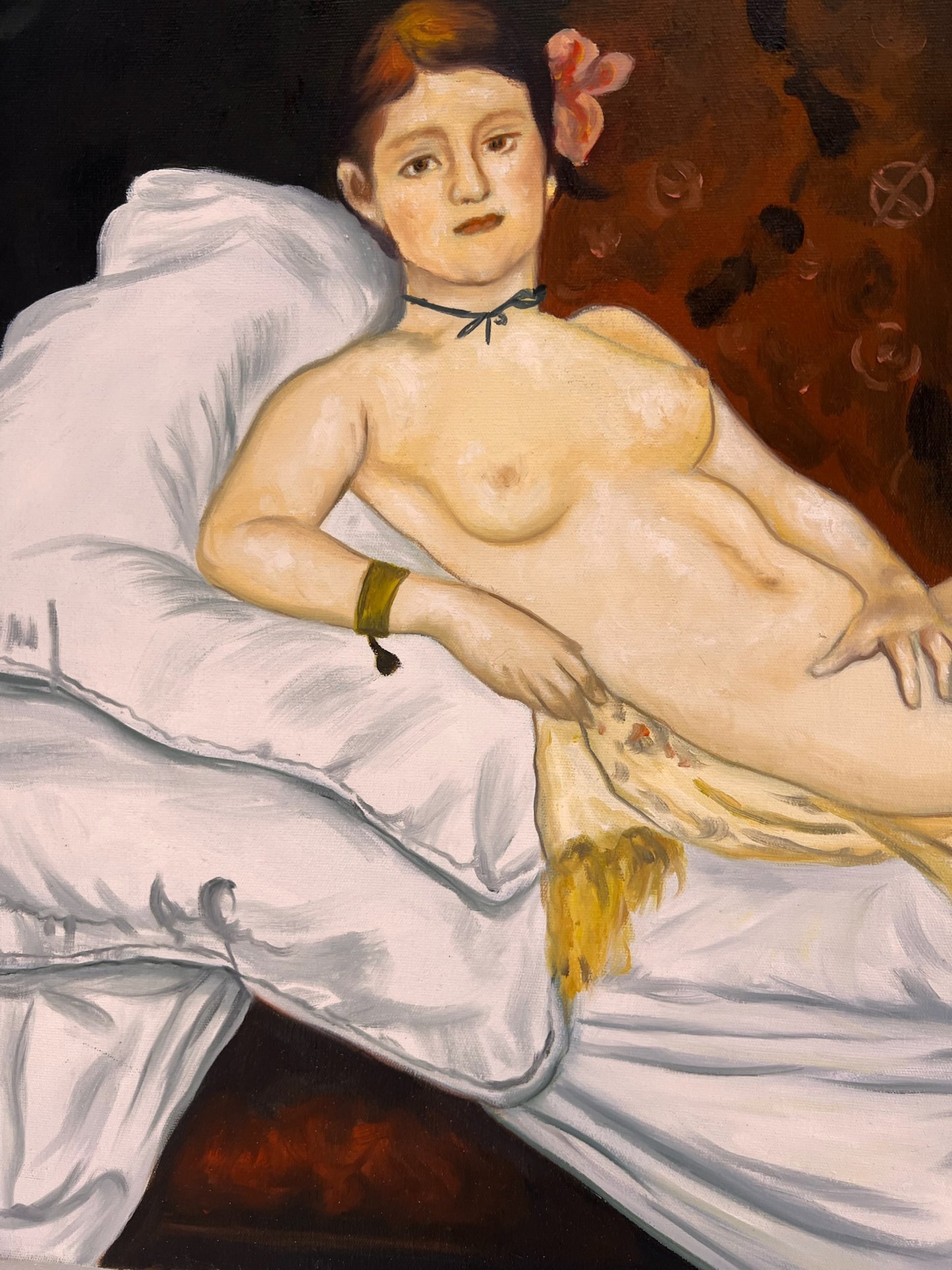 Olympia – Pintura al óleo realista pintada a mano sobre lienzo (64 × 80 cm)