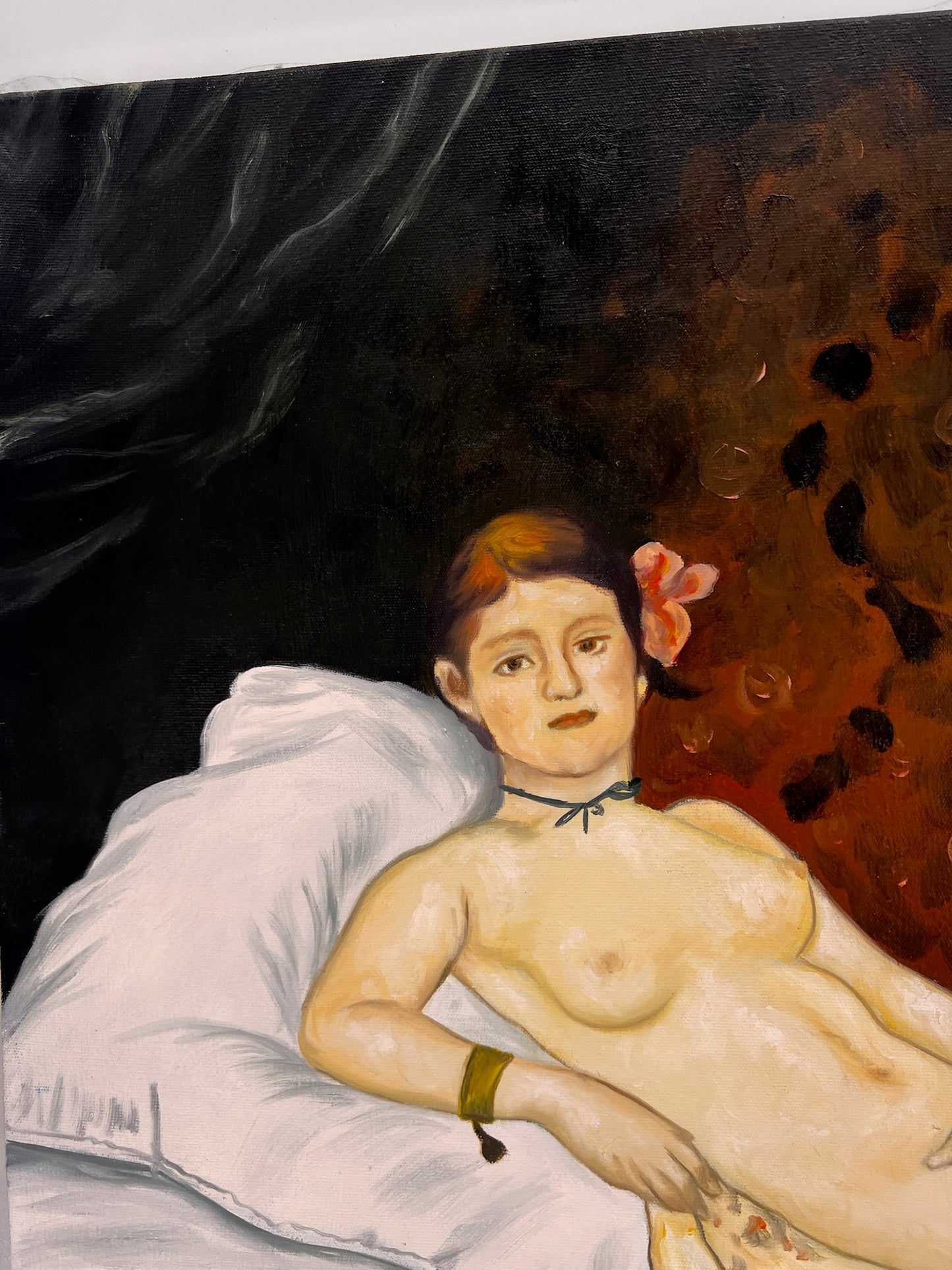 Olympia – Pintura al óleo realista pintada a mano sobre lienzo (64 × 80 cm)
