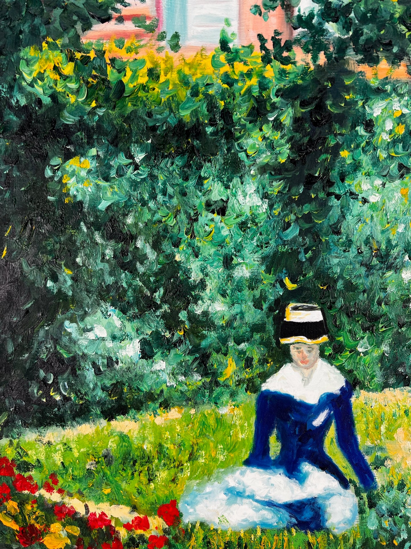 Mujer en el Jardín (después de Édouard Manet) – Óleo Impresionista Pintado a Mano sobre Lienzo (60 × 80 cm)