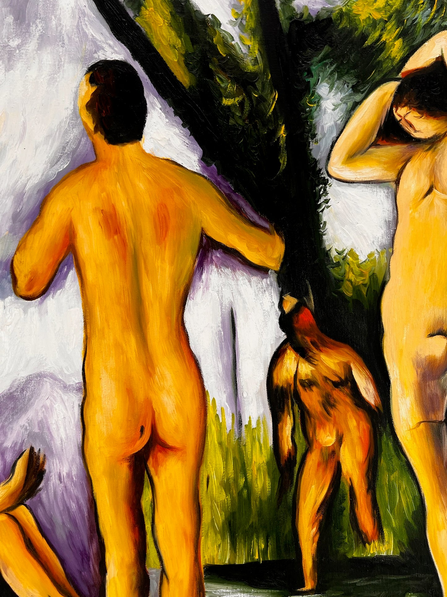 Les Grandes Baigneuses (5 Figuras) – Pintura al óleo postimpresionista pintada a mano sobre lienzo (164 × 80 cm)