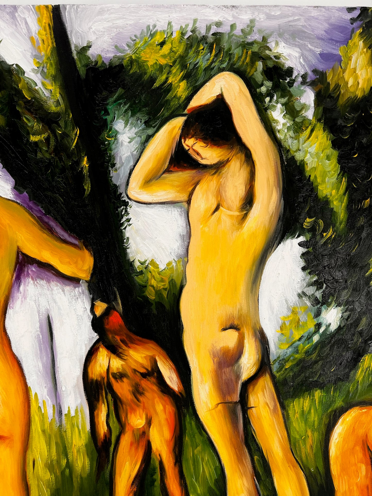Les Grandes Baigneuses (5 Figuras) – Pintura al óleo postimpresionista pintada a mano sobre lienzo (164 × 80 cm)