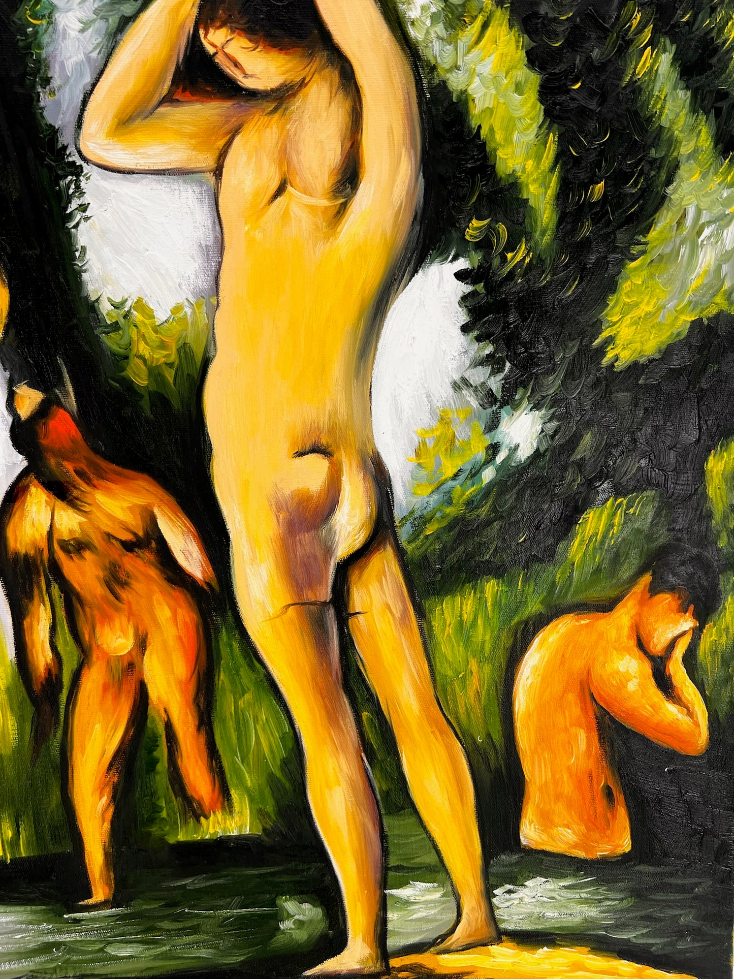 Les Grandes Baigneuses (5 Figuras) – Pintura al óleo postimpresionista pintada a mano sobre lienzo (164 × 80 cm)