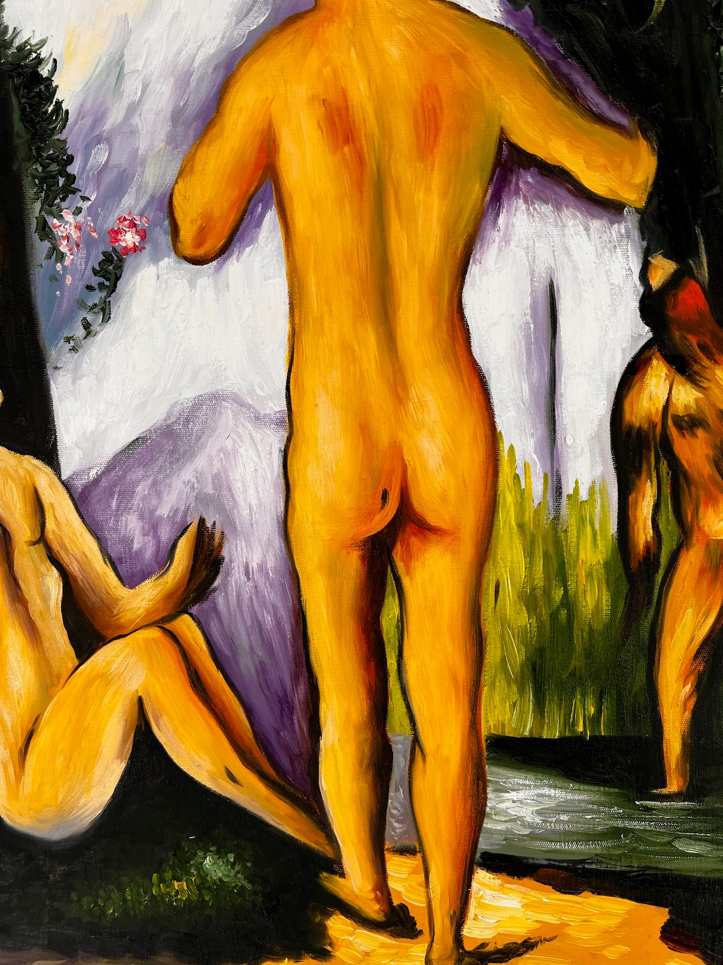 Les Grandes Baigneuses (5 Figuras) – Pintura al óleo postimpresionista pintada a mano sobre lienzo (164 × 80 cm)