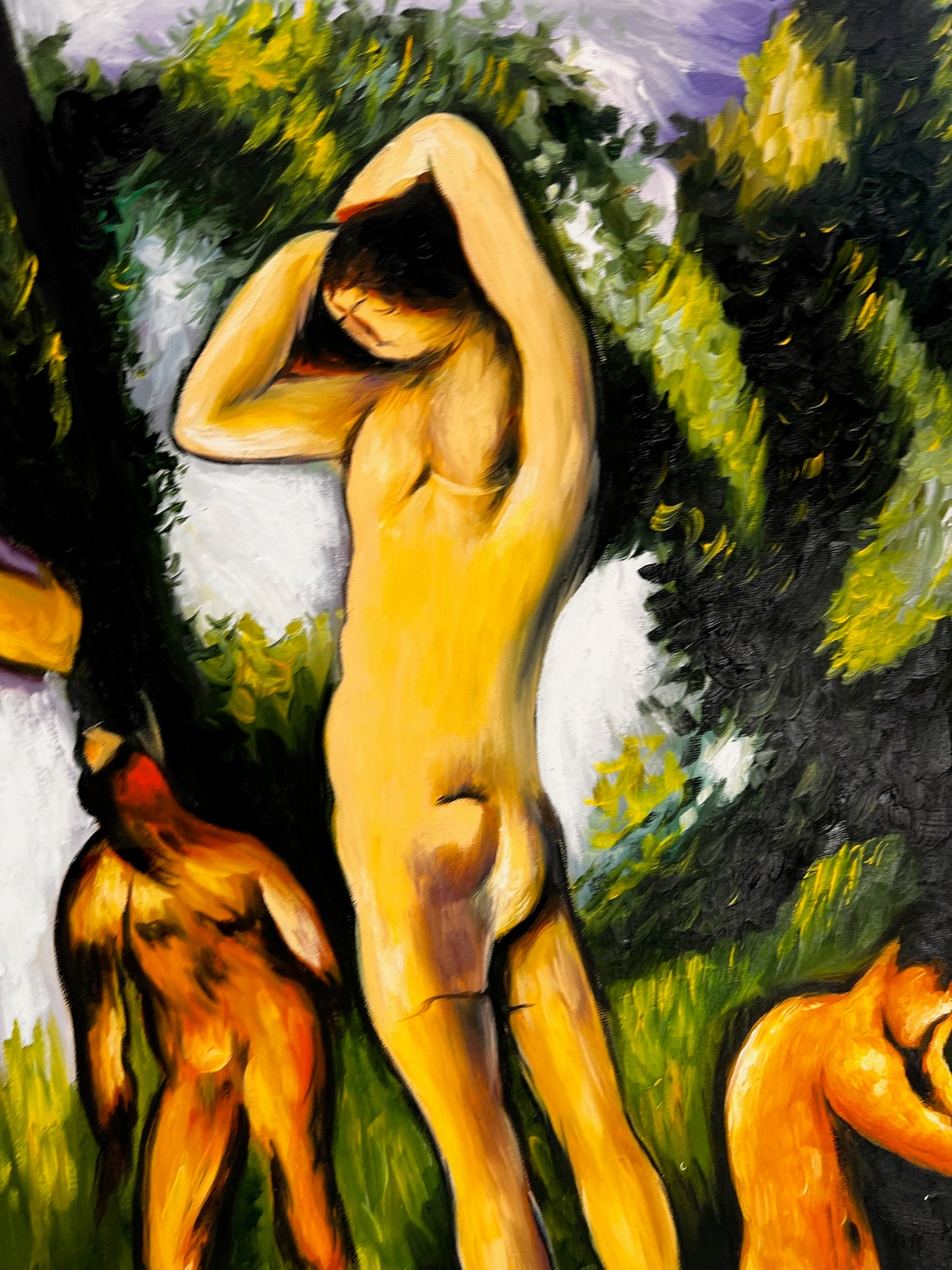 Les Grandes Baigneuses (5 Figuras) – Pintura al óleo postimpresionista pintada a mano sobre lienzo (164 × 80 cm)