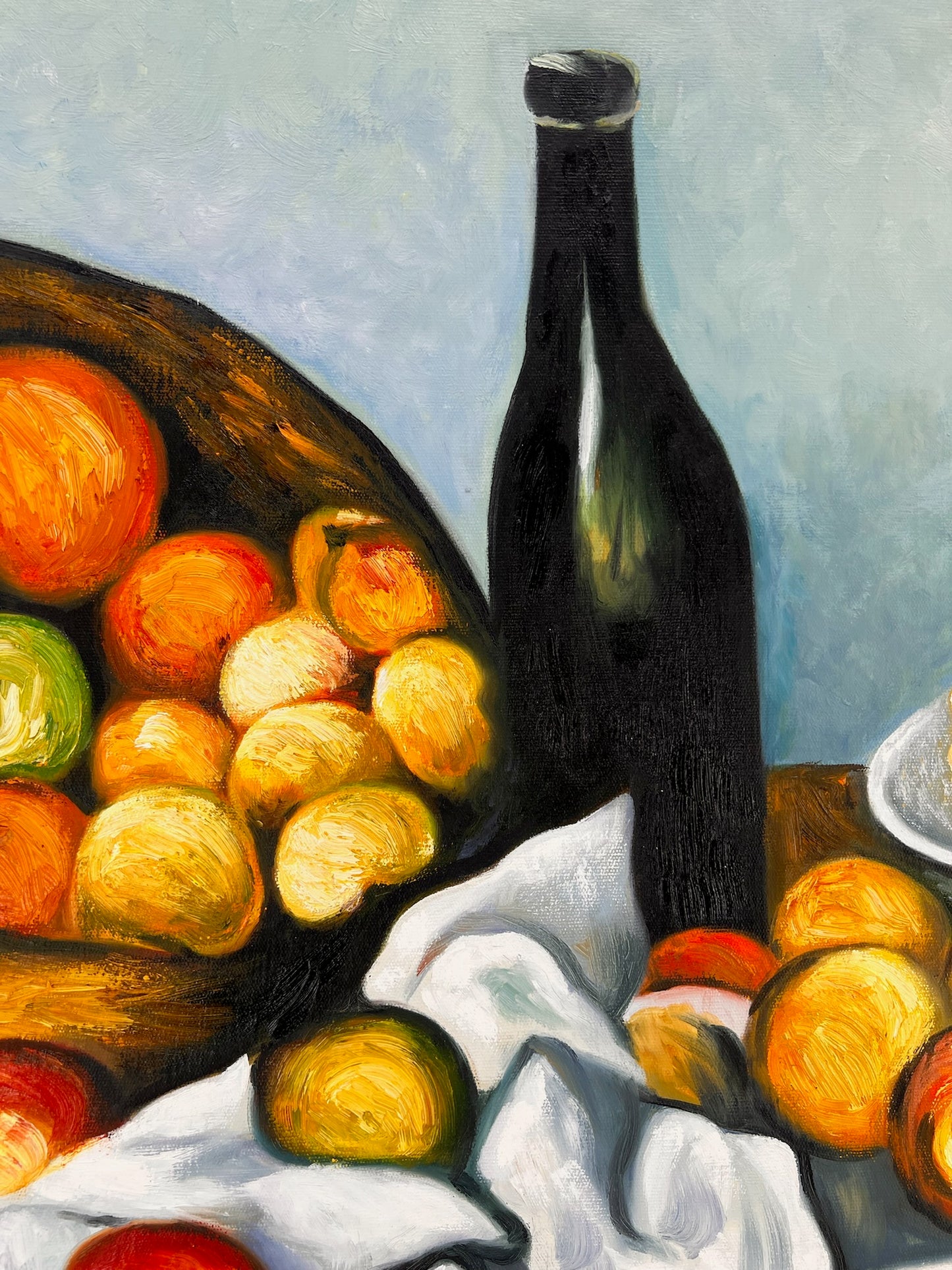 Frutas y pastel – Pintura al óleo postimpresionista pintada a mano sobre lienzo (64 × 80 cm)