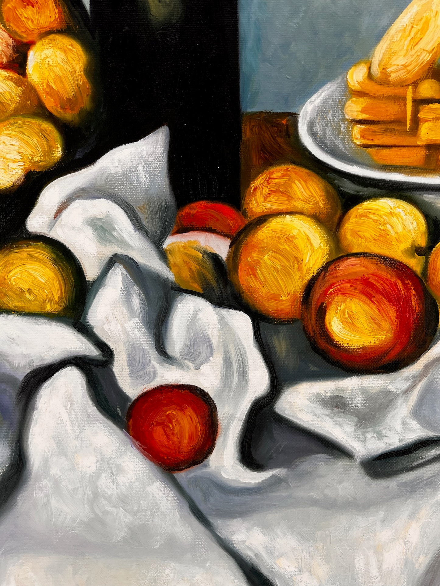 Frutas y pastel – Pintura al óleo postimpresionista pintada a mano sobre lienzo (64 × 80 cm)