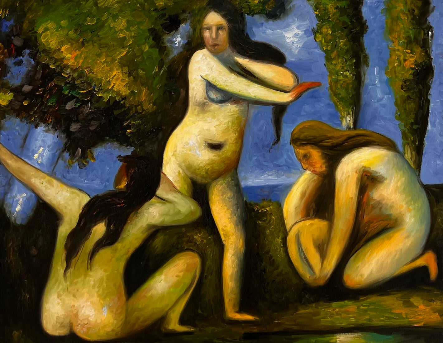 Baigneuses (según Paul Cézanne) – Óleo sobre lienzo postimpresionista pintado a mano (64 × 80 cm)