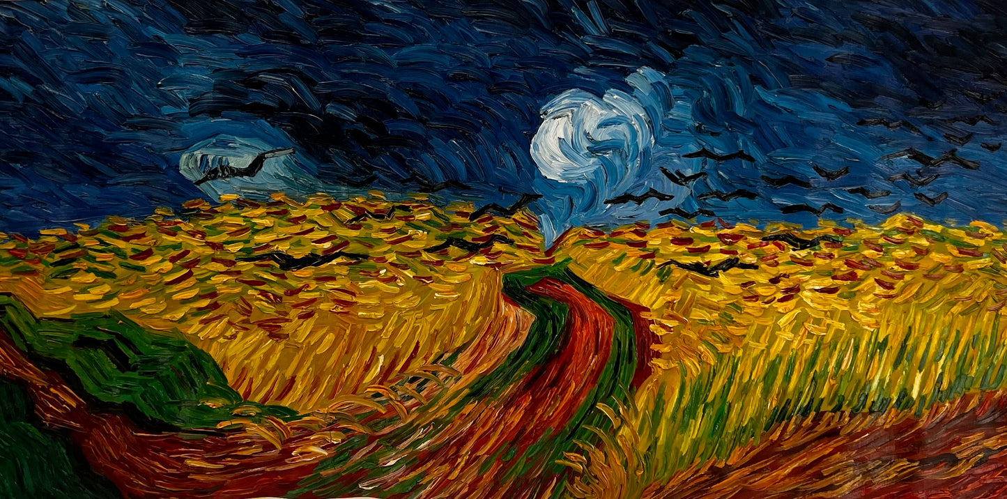 Campo de trigo con cuervos – Pintura al óleo expresionista sobre lienzo (50,5 × 103 cm)