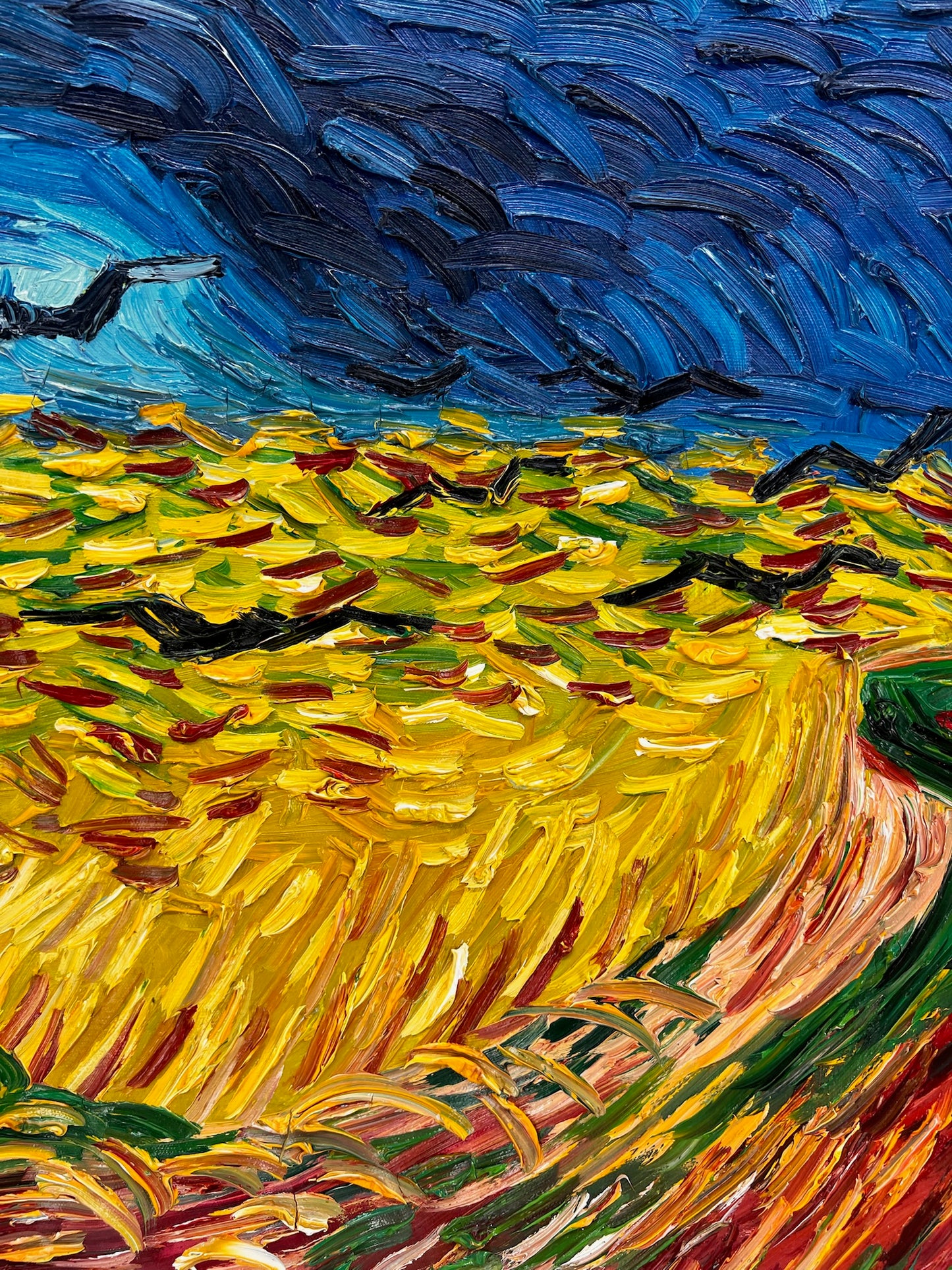 Campo de trigo con cuervos – Pintura al óleo expresionista sobre lienzo (50,5 × 103 cm)