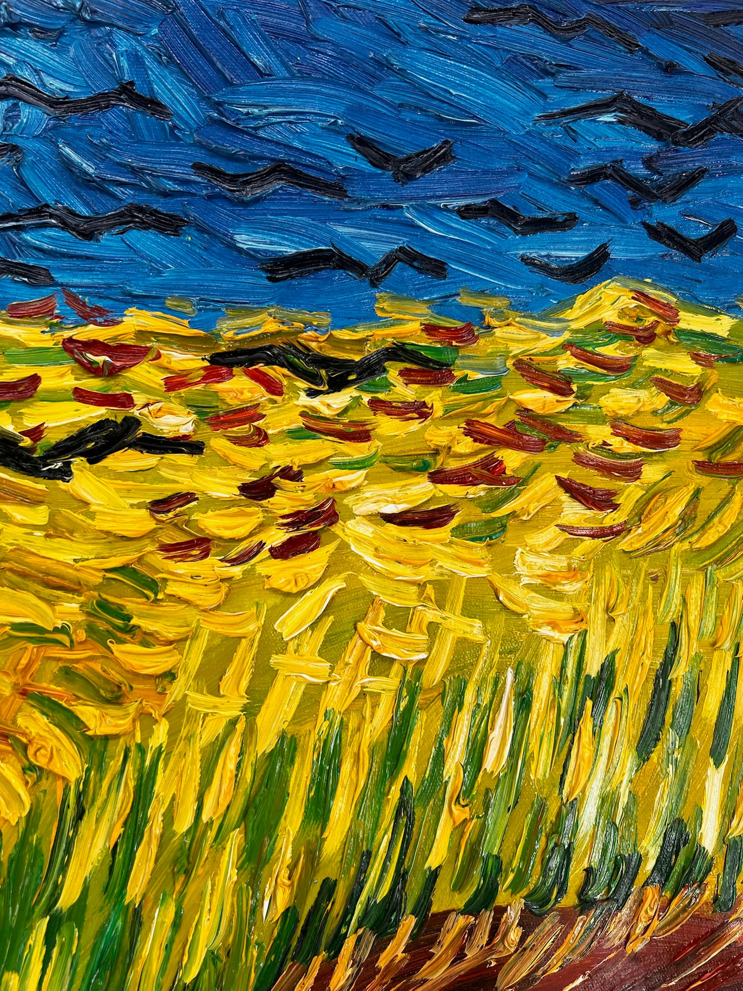 Campo de trigo con cuervos – Pintura al óleo expresionista sobre lienzo (50,5 × 103 cm)