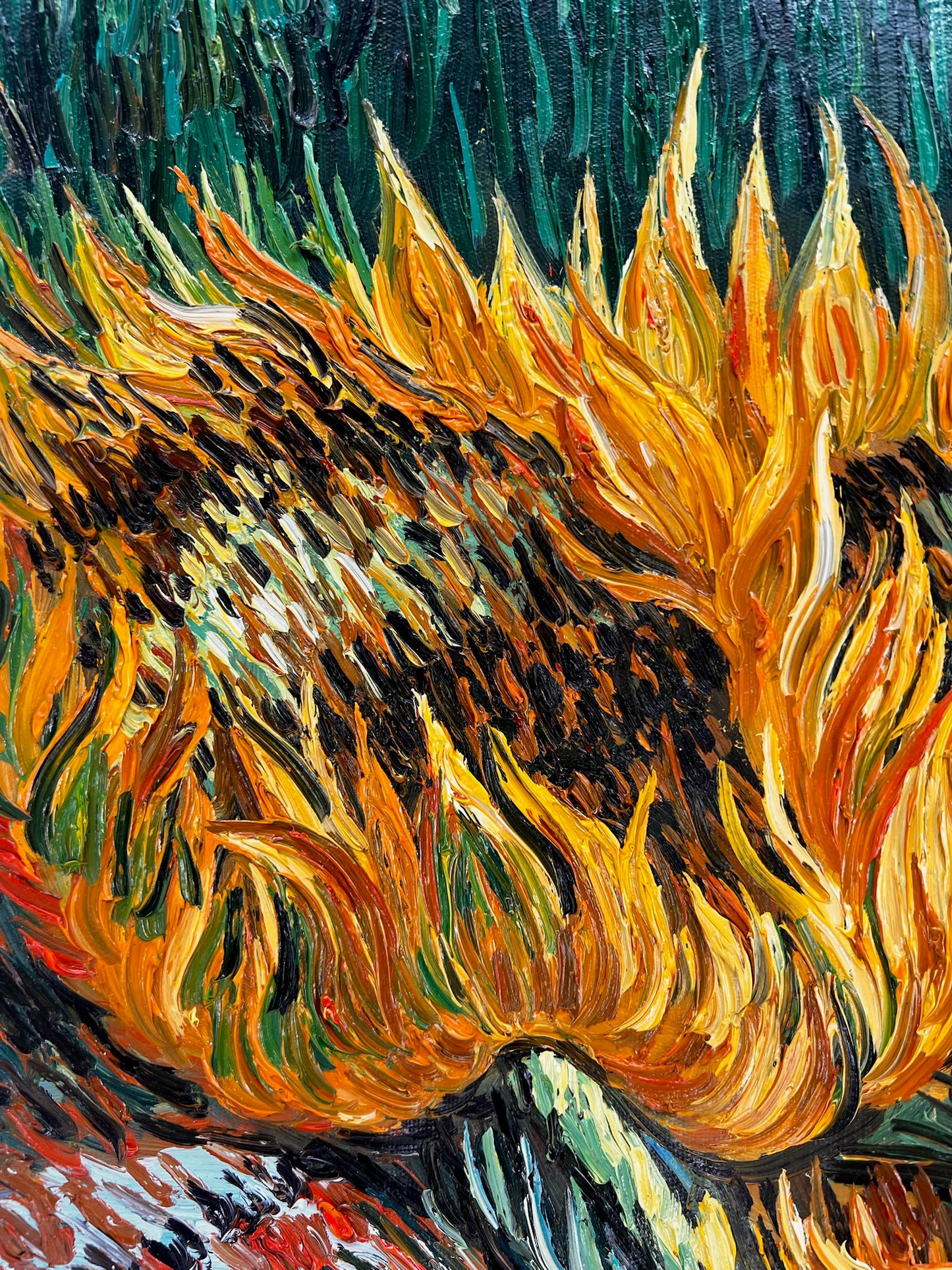 Naturaleza muerta con dos girasoles – Pintura al óleo postimpresionista sobre lienzo (43 × 24,5 cm)