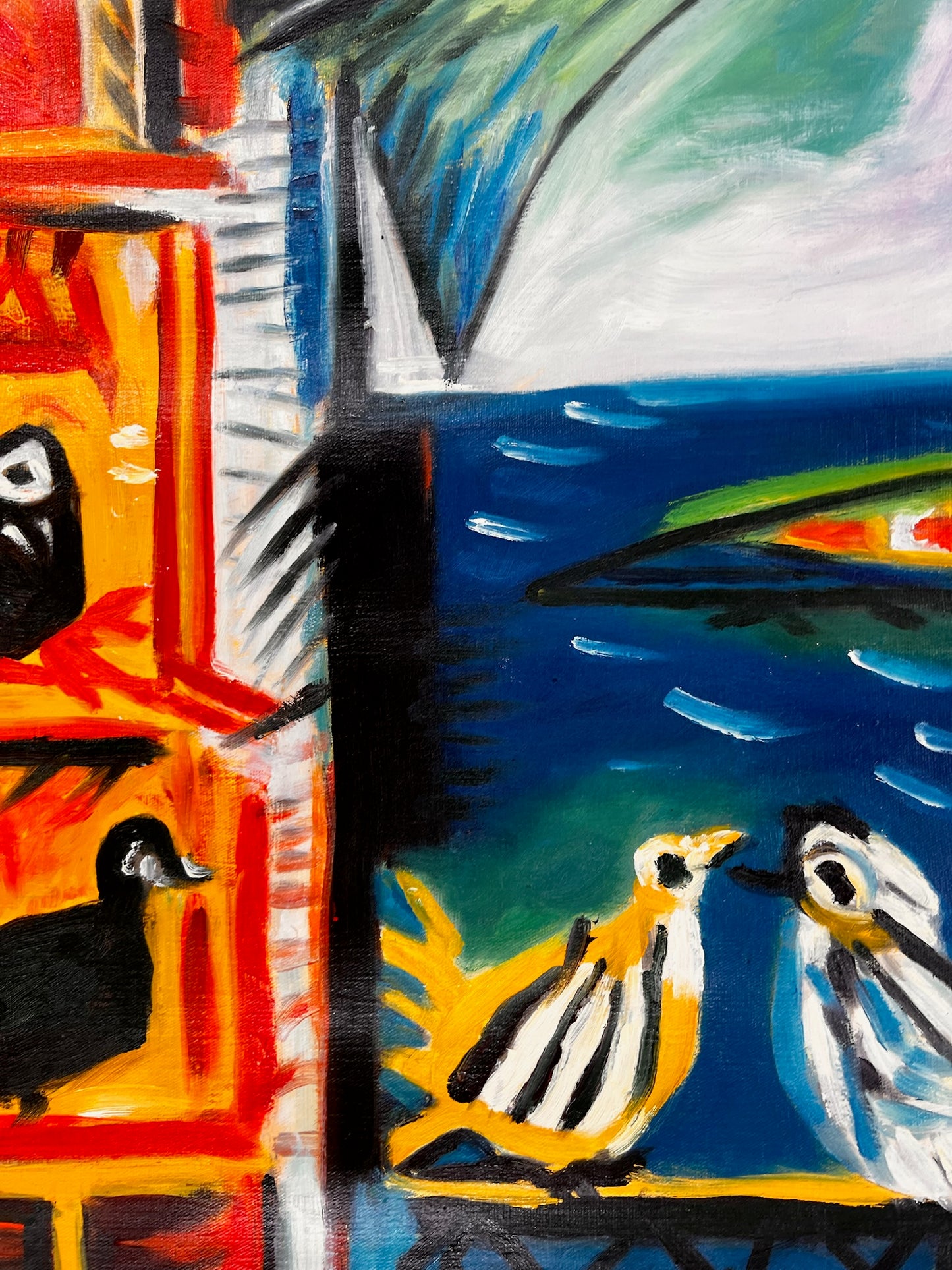 Côte d’Azur – Pintura al óleo cubista pintada a mano sobre lienzo (60 × 80 cm)