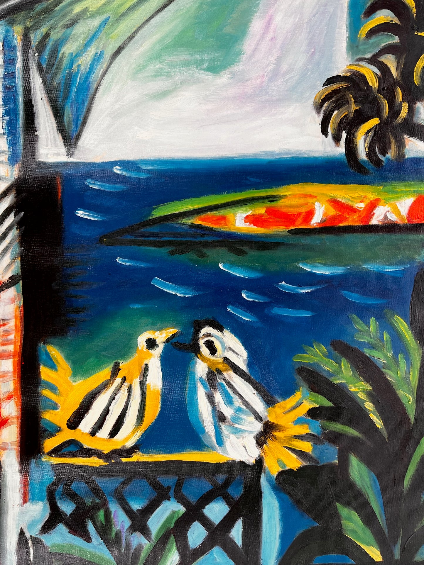 Côte d’Azur – Pintura al óleo cubista pintada a mano sobre lienzo (60 × 80 cm)