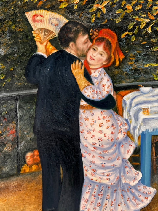 Danza en Bougival (según Pierre-Auguste Renoir) – Pintura al óleo impresionista pintada a mano sobre lienzo (60 × 80 cm, enmarcada)