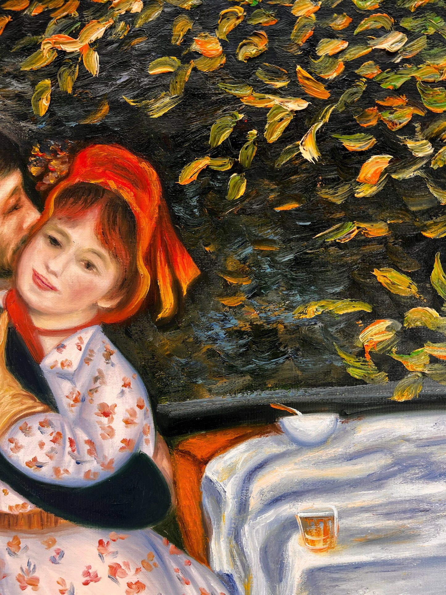 Danza en Bougival (según Pierre-Auguste Renoir) – Pintura al óleo impresionista pintada a mano sobre lienzo (60 × 80 cm, enmarcada)