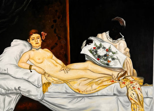 Olympia – Pintura al óleo realista pintada a mano sobre lienzo (64 × 80 cm)