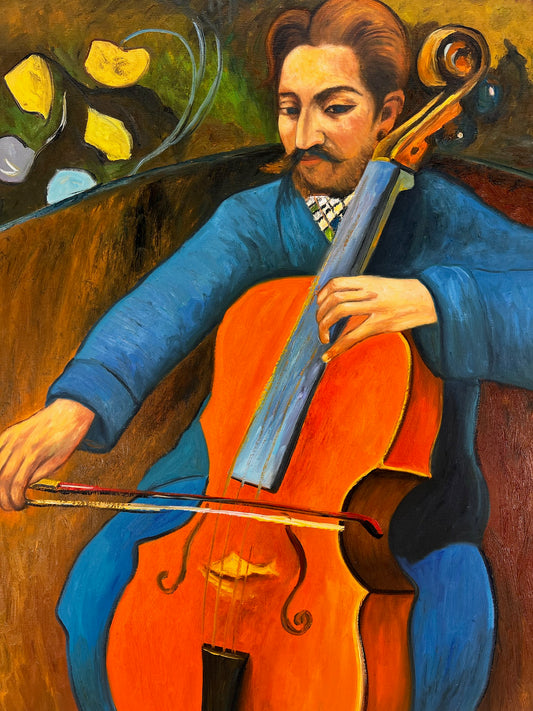 Retrato de un Violonchelista – Pintura al Óleo Postimpresionista Pintada a Mano sobre Lienzo (60 × 80 cm)