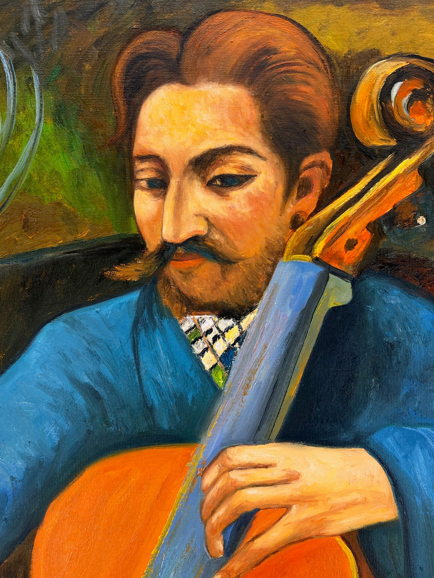 Retrato de un Violonchelista – Pintura al Óleo Postimpresionista Pintada a Mano sobre Lienzo (60 × 80 cm)