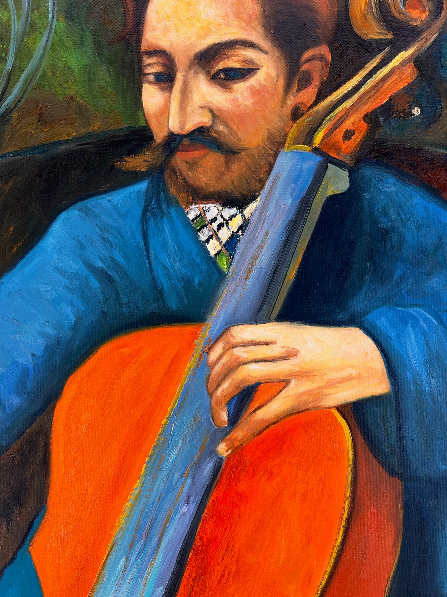 Retrato de un Violonchelista – Pintura al Óleo Postimpresionista Pintada a Mano sobre Lienzo (60 × 80 cm)