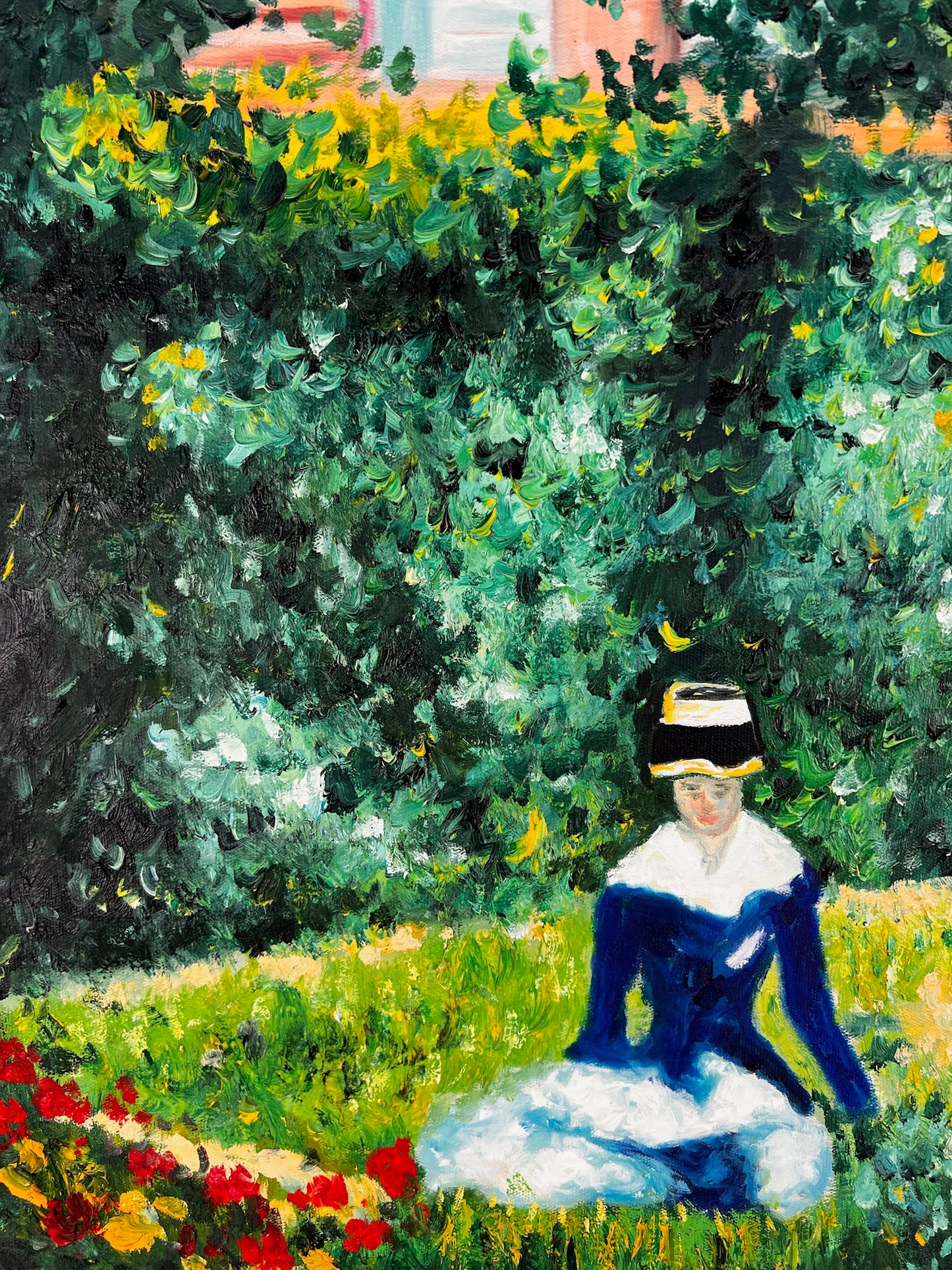 Mujer en el Jardín (después de Édouard Manet) – Óleo Impresionista Pintado a Mano sobre Lienzo (60 × 80 cm)