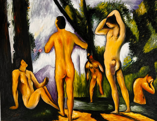 Les Grandes Baigneuses (5 Figuras) – Pintura al óleo postimpresionista pintada a mano sobre lienzo (164 × 80 cm)