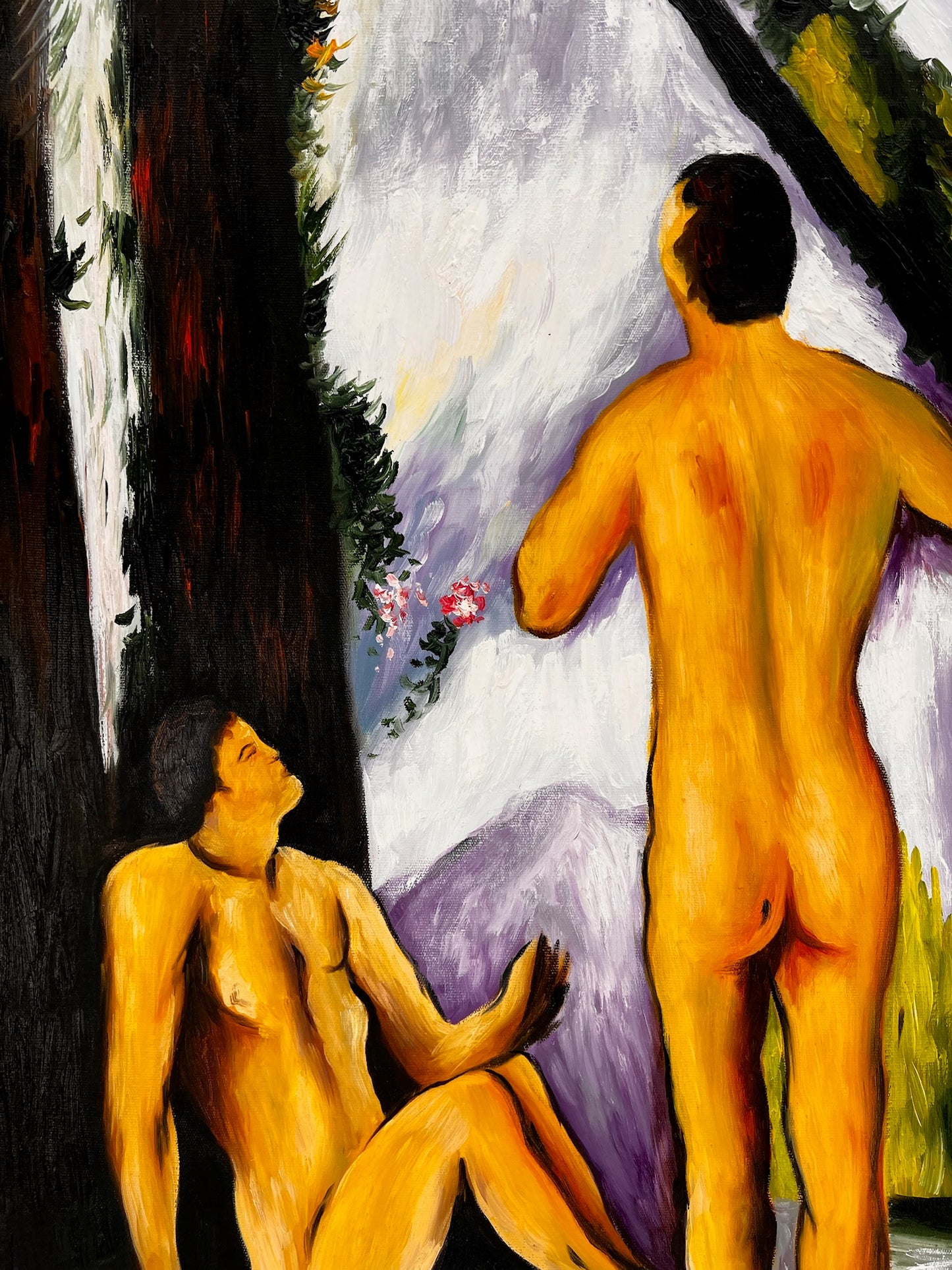 Les Grandes Baigneuses (5 Figuras) – Pintura al óleo postimpresionista pintada a mano sobre lienzo (164 × 80 cm)