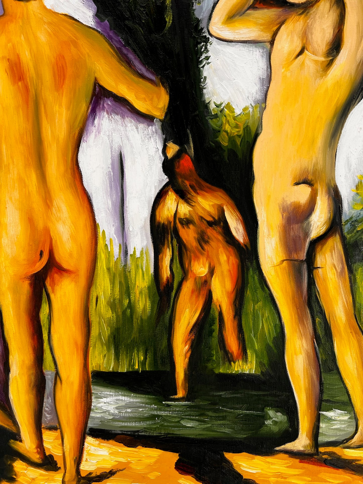 Les Grandes Baigneuses (5 Figuras) – Pintura al óleo postimpresionista pintada a mano sobre lienzo (164 × 80 cm)
