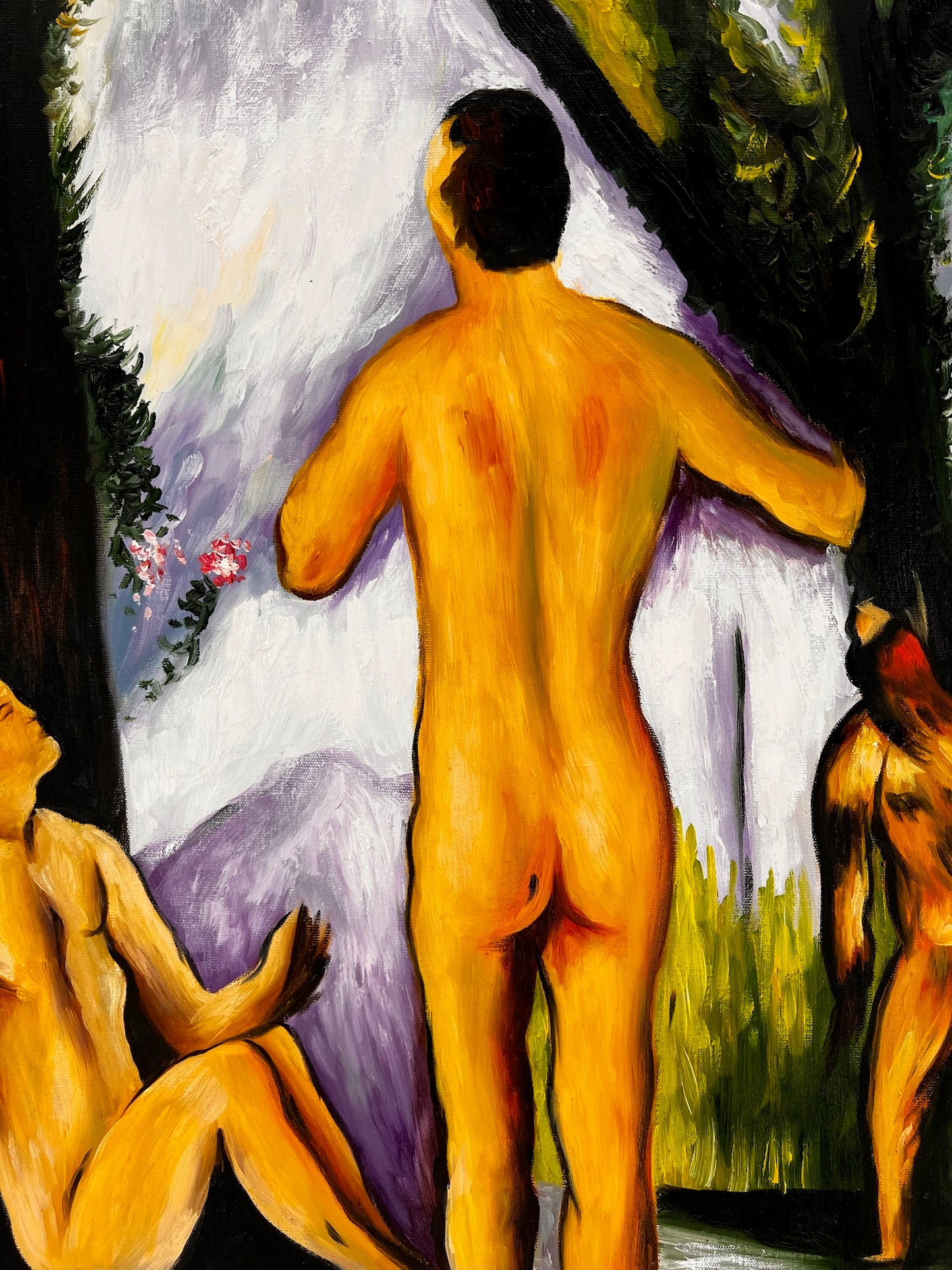 Les Grandes Baigneuses (5 Figuras) – Pintura al óleo postimpresionista pintada a mano sobre lienzo (164 × 80 cm)