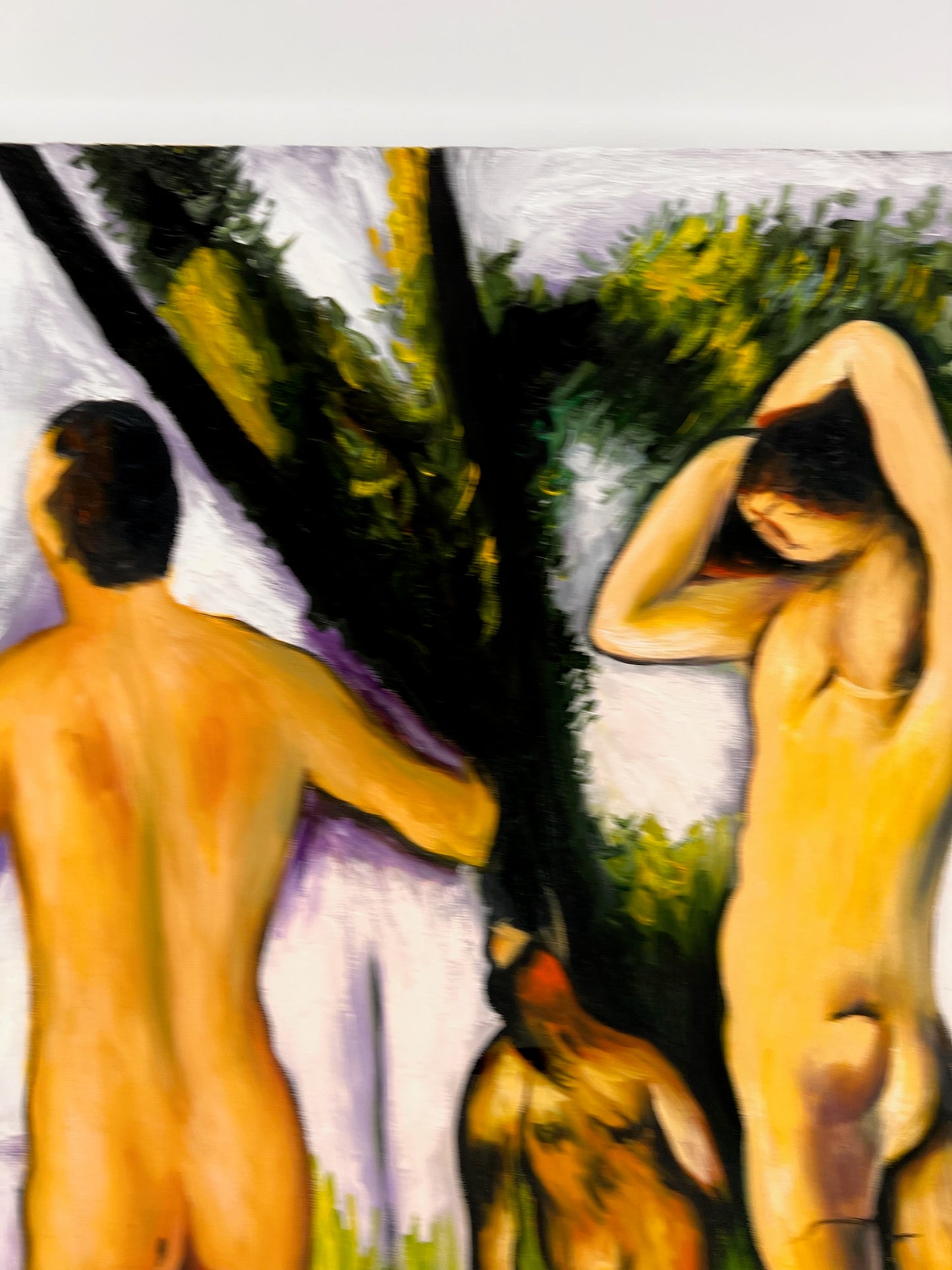 Les Grandes Baigneuses (5 Figuras) – Pintura al óleo postimpresionista pintada a mano sobre lienzo (164 × 80 cm)