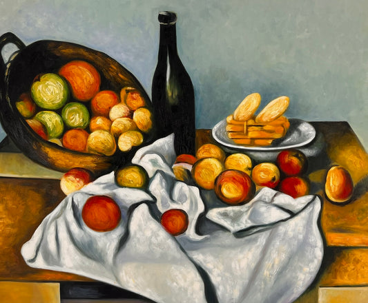 Frutas y pastel – Pintura al óleo postimpresionista pintada a mano sobre lienzo (64 × 80 cm)