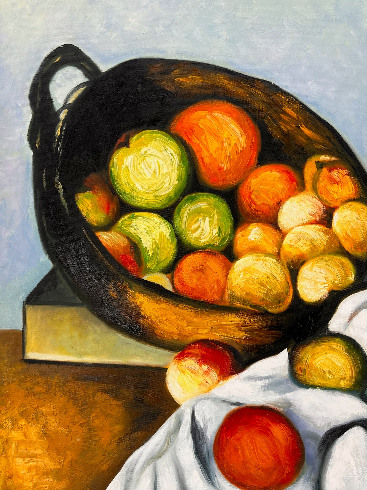 Frutas y pastel – Pintura al óleo postimpresionista pintada a mano sobre lienzo (64 × 80 cm)