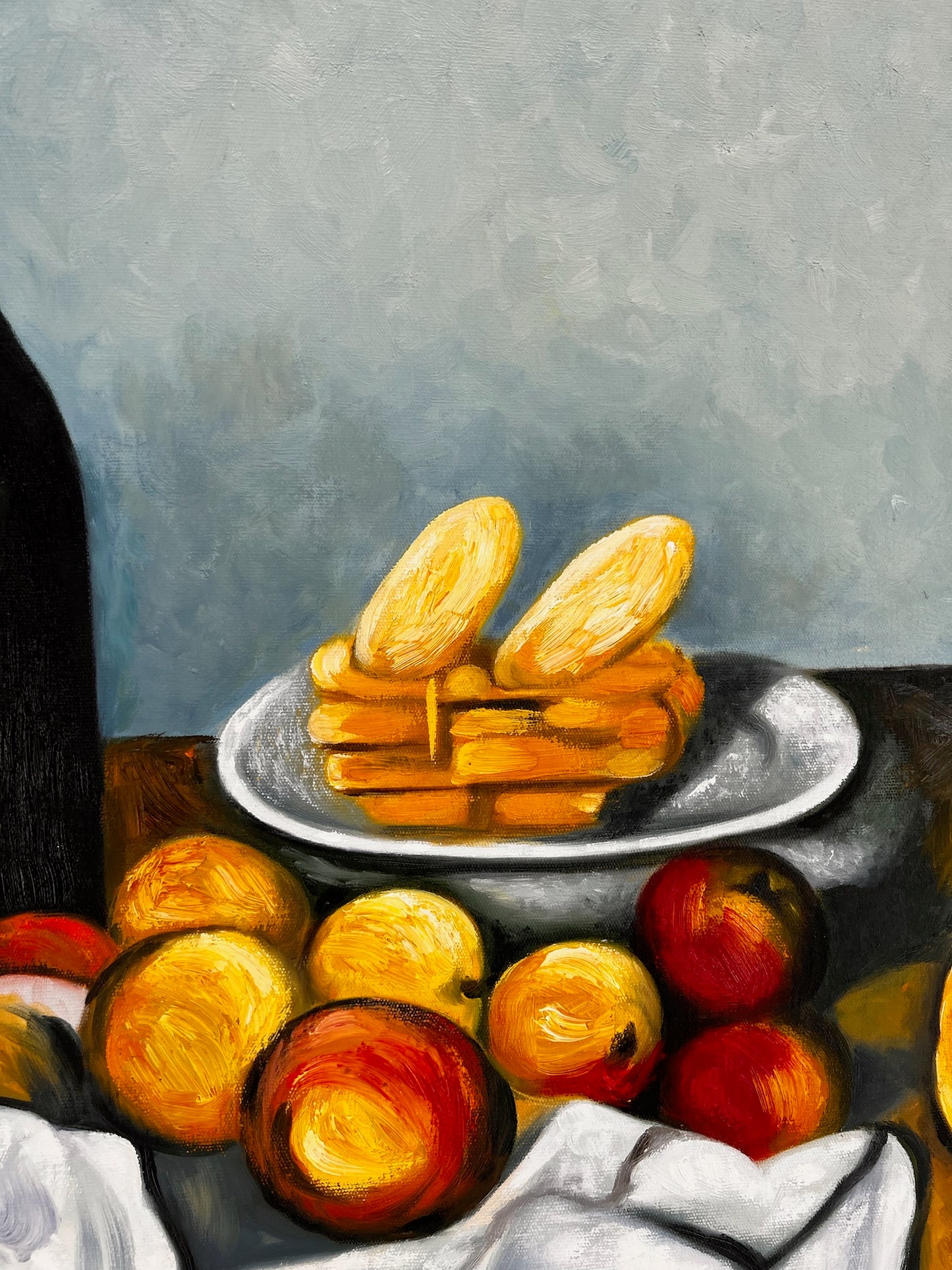 Frutas y pastel – Pintura al óleo postimpresionista pintada a mano sobre lienzo (64 × 80 cm)