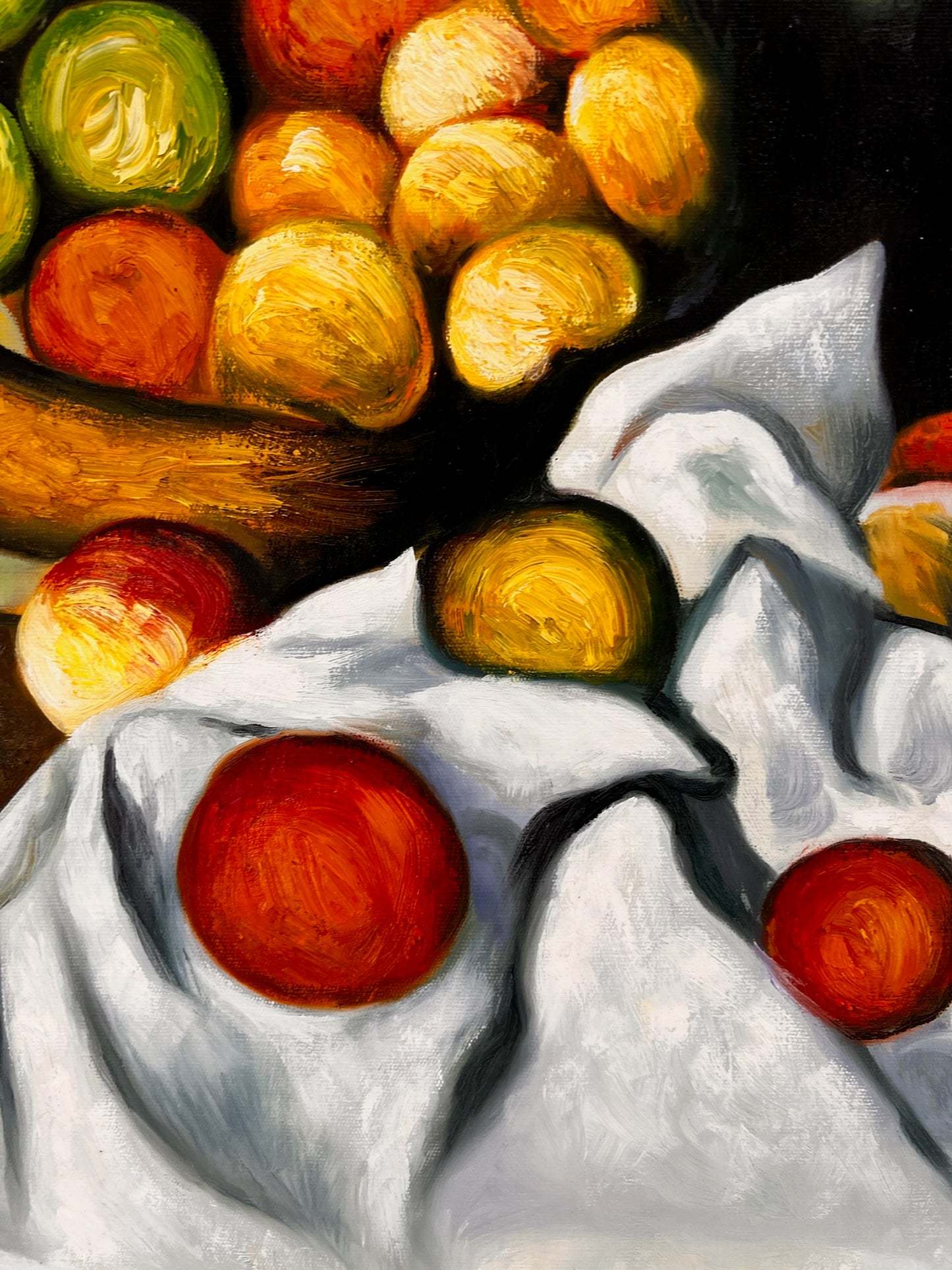 Frutas y pastel – Pintura al óleo postimpresionista pintada a mano sobre lienzo (64 × 80 cm)