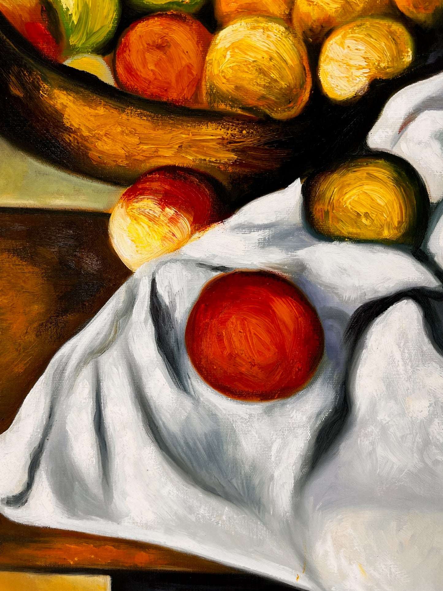 Frutas y pastel – Pintura al óleo postimpresionista pintada a mano sobre lienzo (64 × 80 cm)