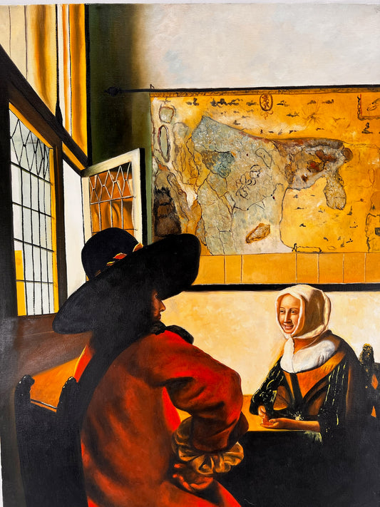 Johannes Vermeer – Soldado y niña sonriente – Pintura al óleo sobre lienzo pintada a mano (60 × 80 cm)